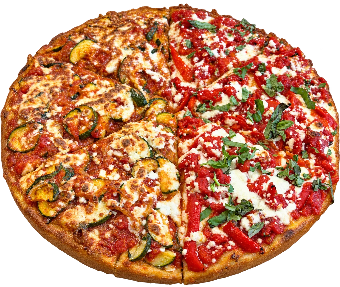 Deep-dish zucchini and onion pizza beside roasted peppers and fresh mozzarella at Our Little Italy
