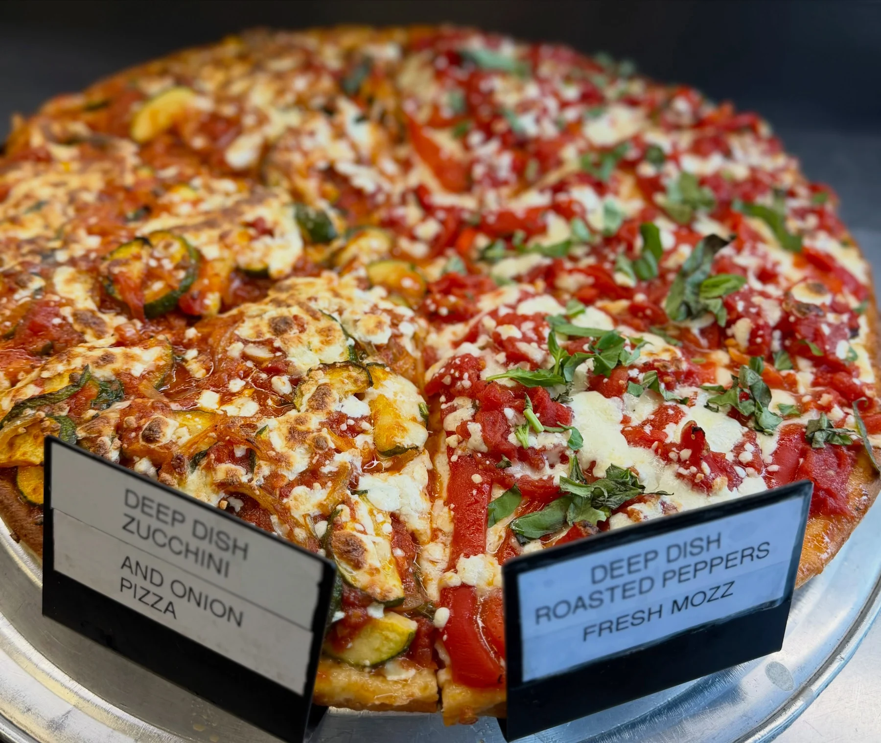 Deep-dish zucchini and roasted pepper pizza from Our Little Italy